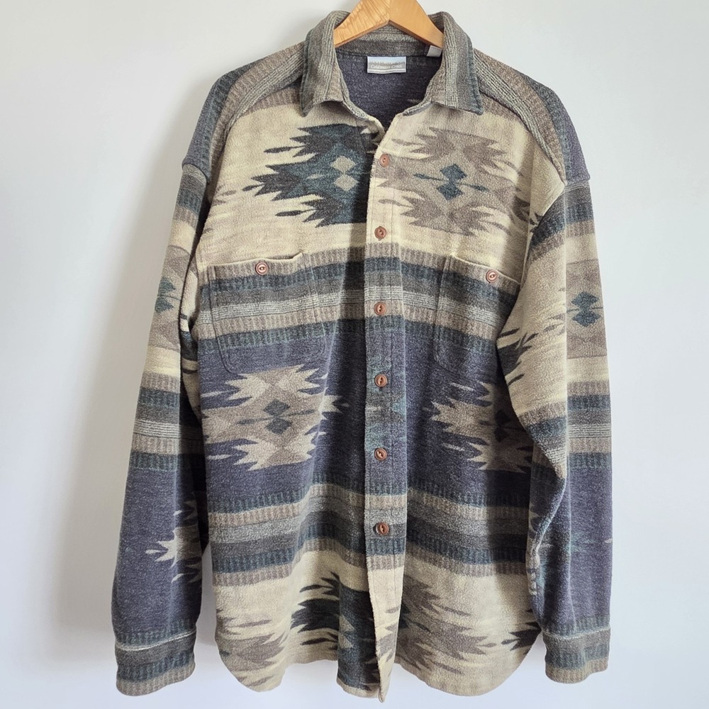 Vintage 90s Coldwater Creek Southwestern Pattern Fleece Shirt Jacket Shacket MED